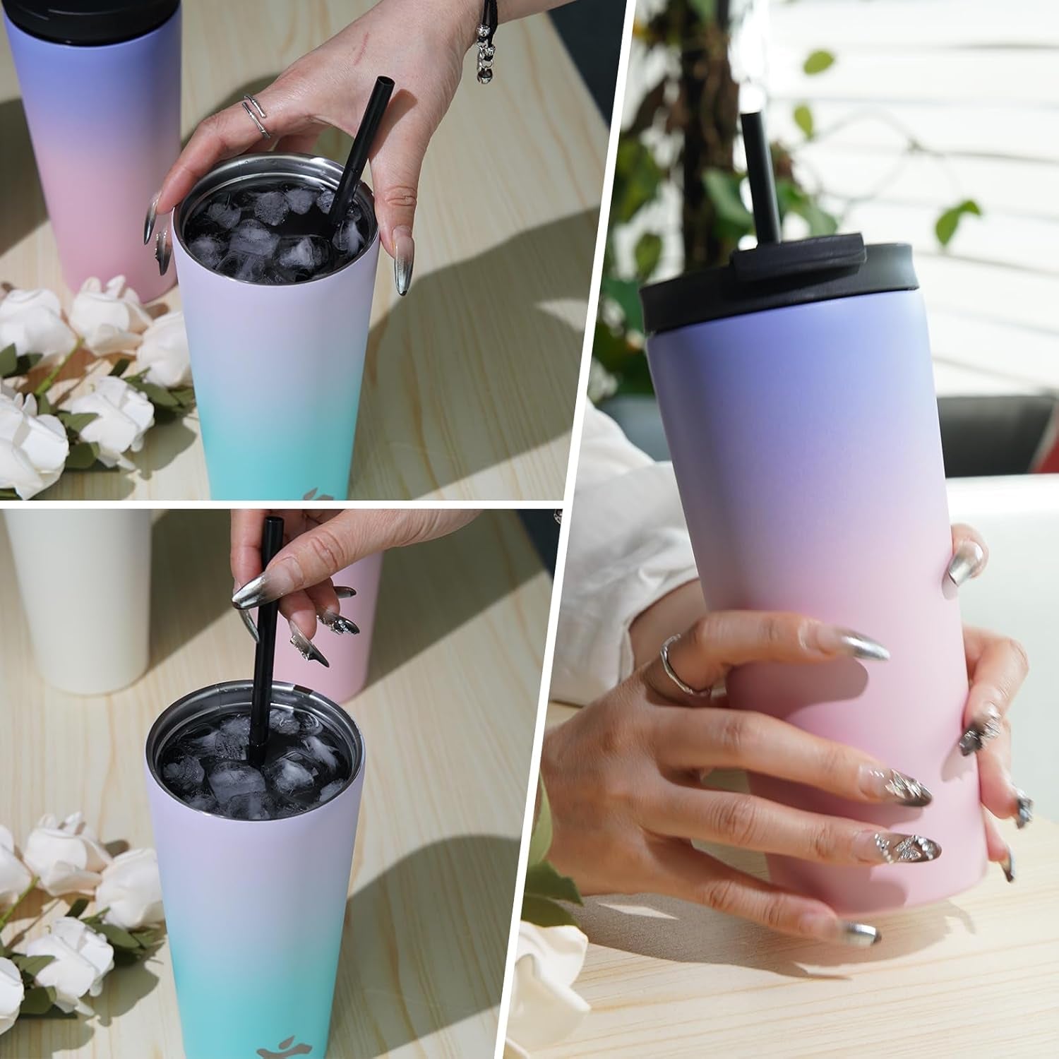 18 OZ Insulated Tumbler with Lid and 2 Straws Stainless Steel Water Bottle Vacuum Travel Mug Coffee Cup,Black