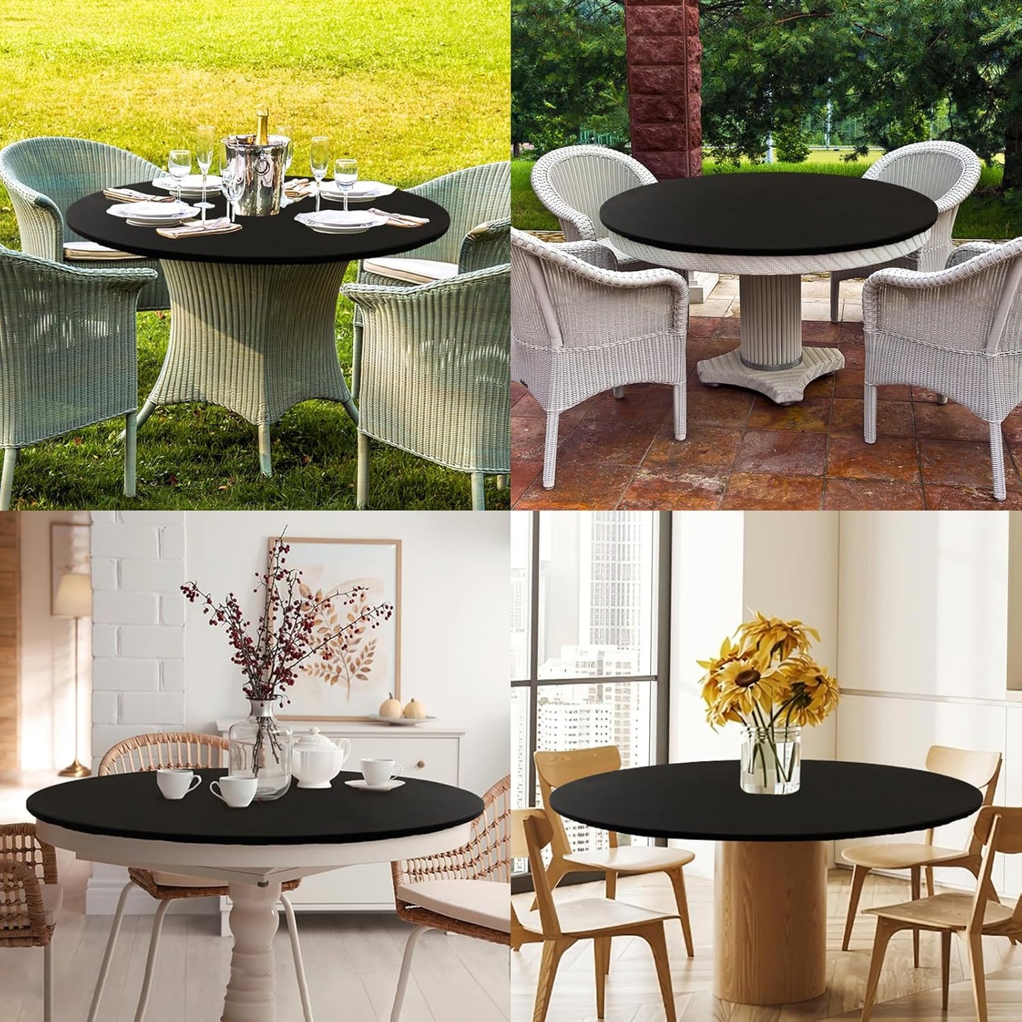 round Fabric Fitted Tablecloth, Elastic Waterproof Oil Proof Table Cloth, Washable Polyester Table Cover Fits 36"-44" round Tables for Outdoor Picnic Dinner, Black