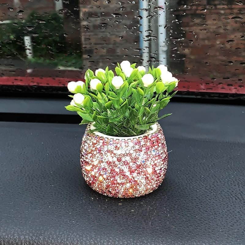 Flower Car Accessories Pink Bling Dashboard Decorations, Car Flower Vase Decals, Cute Car Interior Decor, Bling Desk Flowers for Women Office Girl Gifts