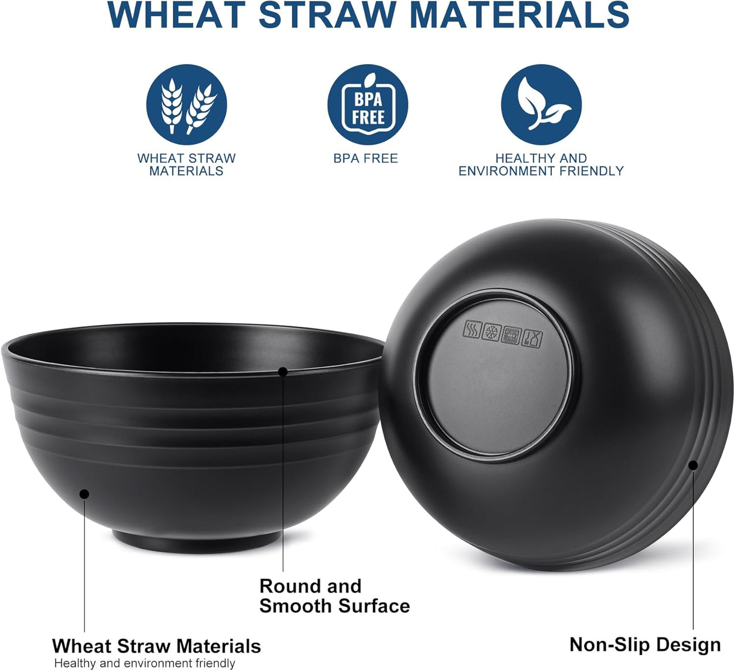Unbreakable Wheat Straw Cereal Bowls - Microwave & Dishwasher Safe Soup and Salad Bowls, Set of 8, 26Oz, BPA Free, Black