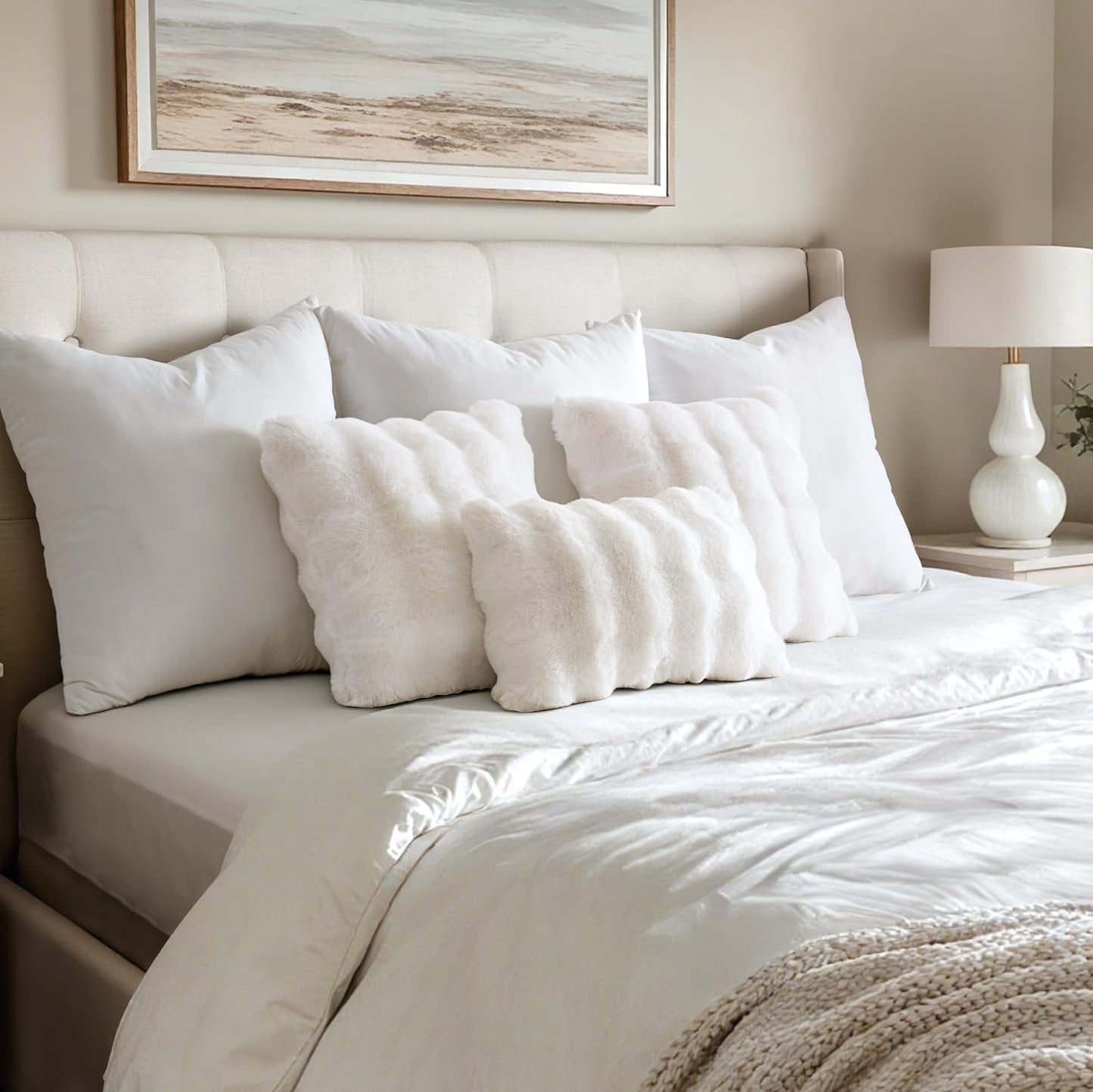 Set of 2 Luxury Faux Fur Lumbar Pillow Covers, Soft Plush Decorative Cushions for Couch, Bedroom, and Living Room, 12x20 Inch White