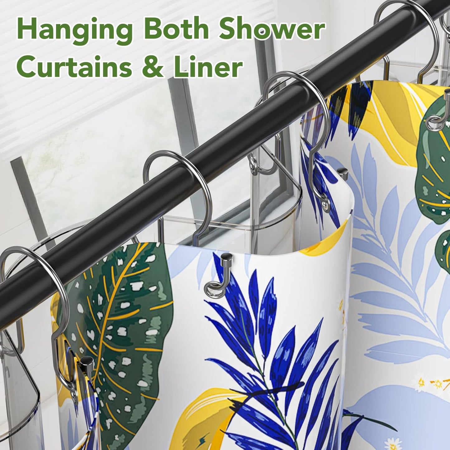 Shower Curtain Hooks, Black Shower Curtain Rings, Sturdy Simple Double Hook Shower Curtain Hooks Rust Proof, Smooth Gliding Metal Shower Hooks for Shower Curtain Rod (Chrome, 12 Pack)