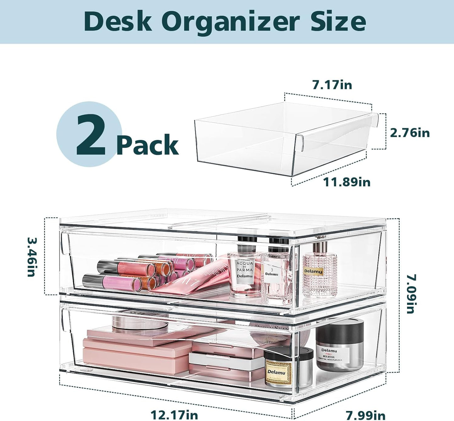 Acrylic Stackable Storage Drawers, 3.5'' Non-Slip Bathroom Makeup Organizer Countertop, Clear Drawer Organizers for Vanity, Bathroom, Office, Undersink, Kitchen, Pantry, Cabinet, 2 Pack