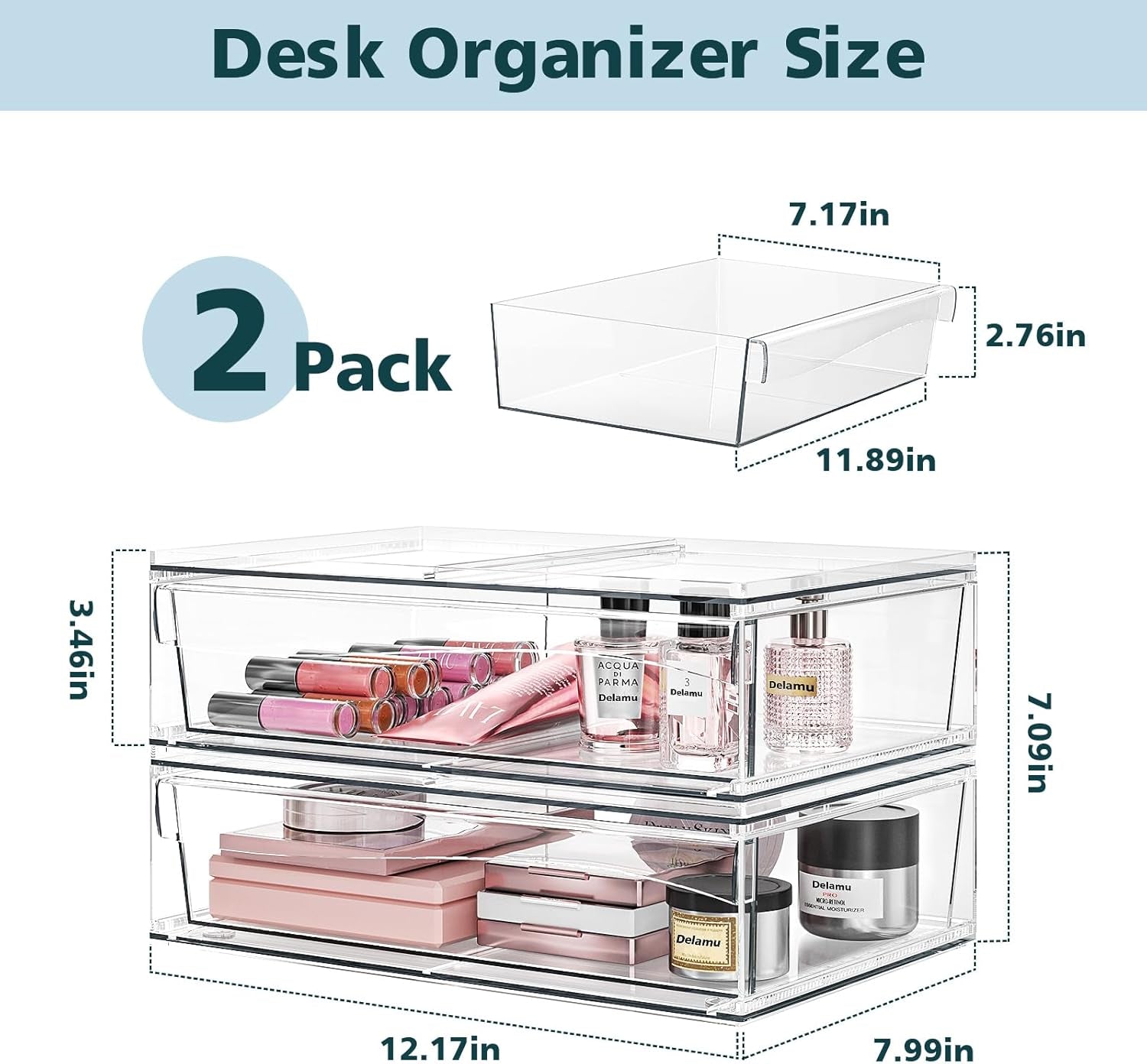 Acrylic Stackable Storage Drawers, 3.5'' Non-Slip Bathroom Makeup Organizer Countertop, Clear Drawer Organizers for Vanity, Bathroom, Office, Undersink, Kitchen, Pantry, Cabinet, 2 Pack