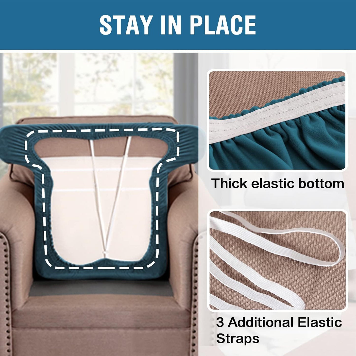 Stretch Velvet T Cushion Chair Covers for Living Room Armchair Sofa Cover Couch Cover Slipcover T Cushion Seat Cover Stay with Elastic Bands(Armchair, Deep Teal)