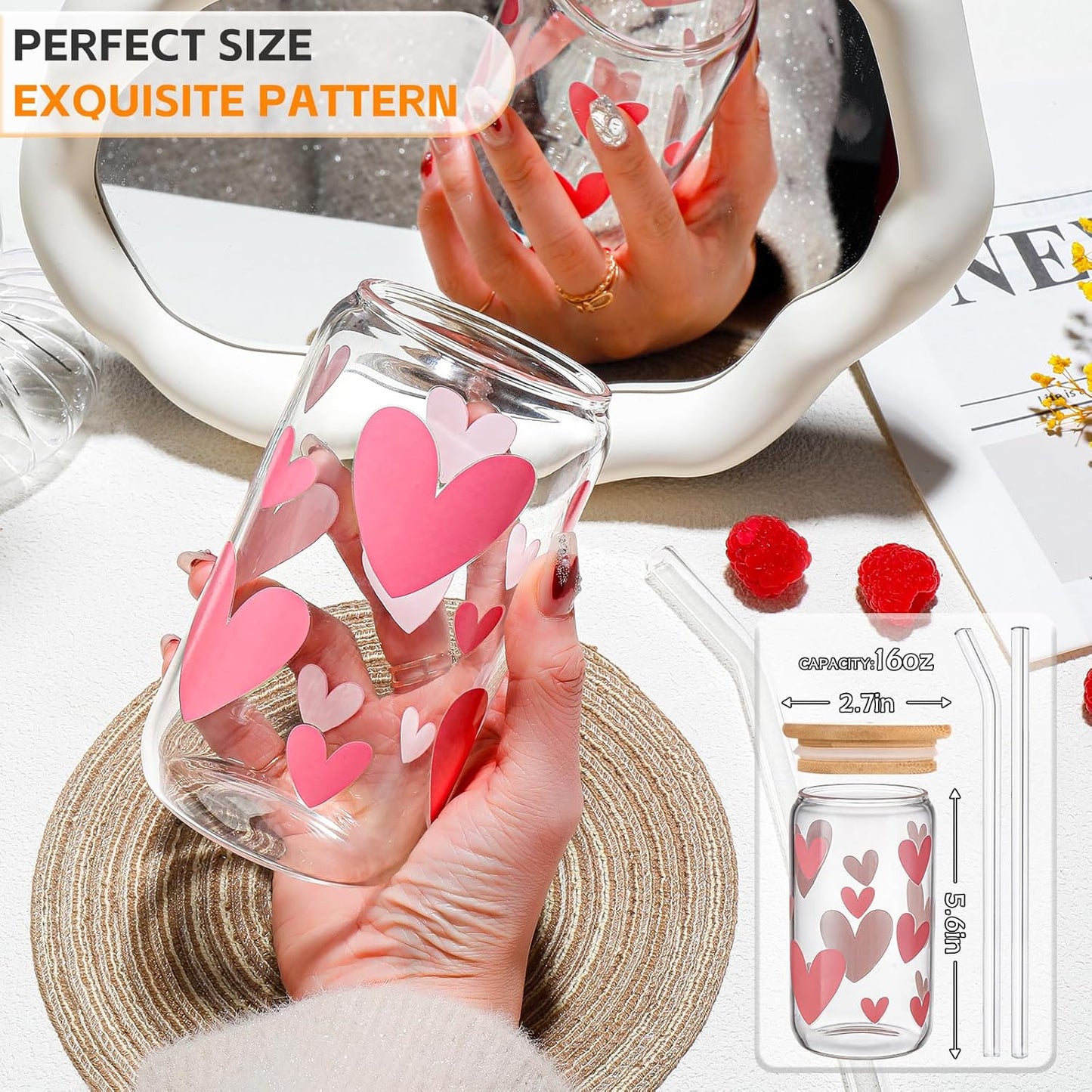 Glass Cups with Lids and Straws with Design Pink Hearts 4 Pcs,Clear Glass Cups 16 Oz-Glass Tumbler,Cute Glass Iced Coffee Cups with Lids and Straws