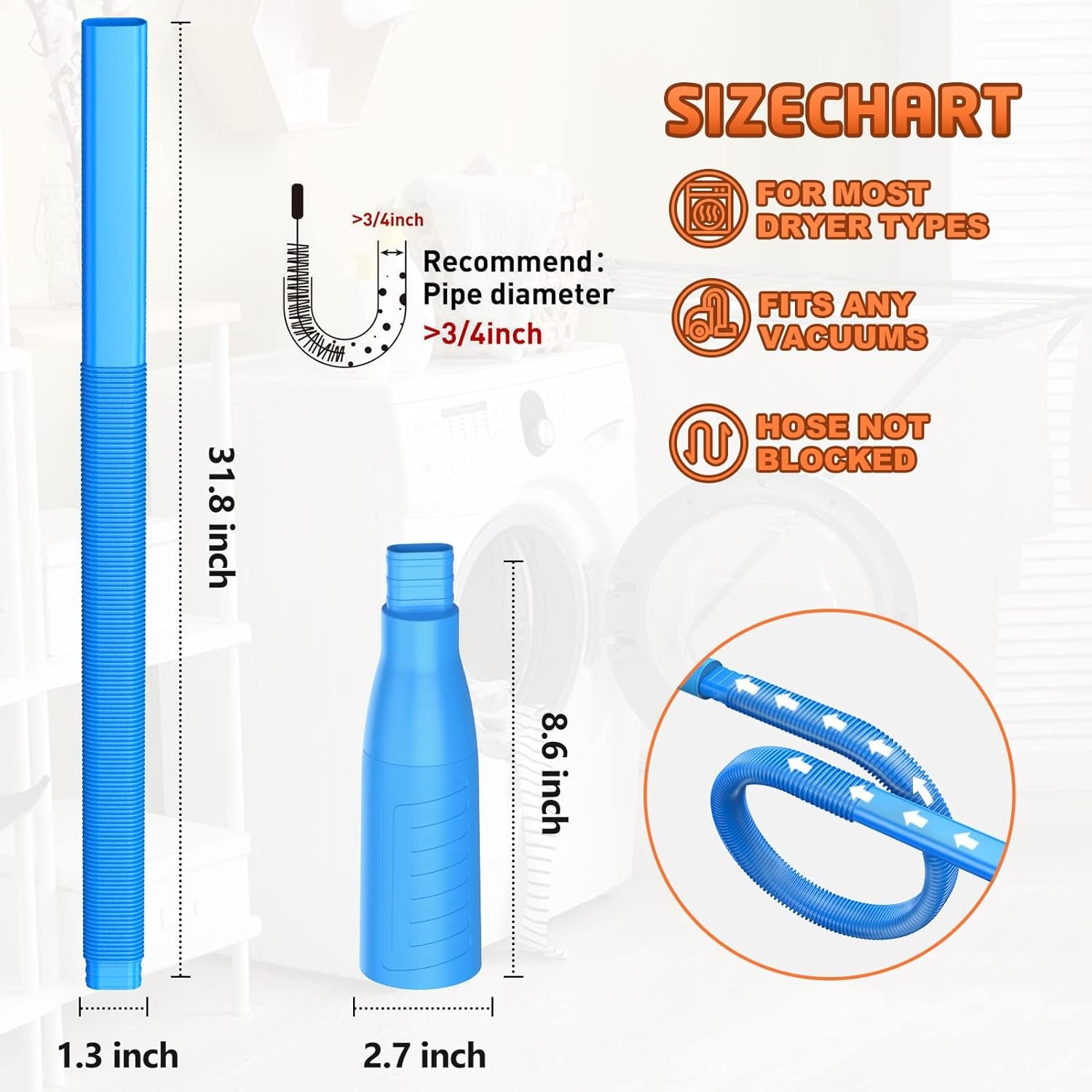 Dryer Vent Cleaner Kit Vacuum Attachment - Multiple Combinations V1 Lint Remover Power Washer and Vacuum Hose Quickly Removes Lint