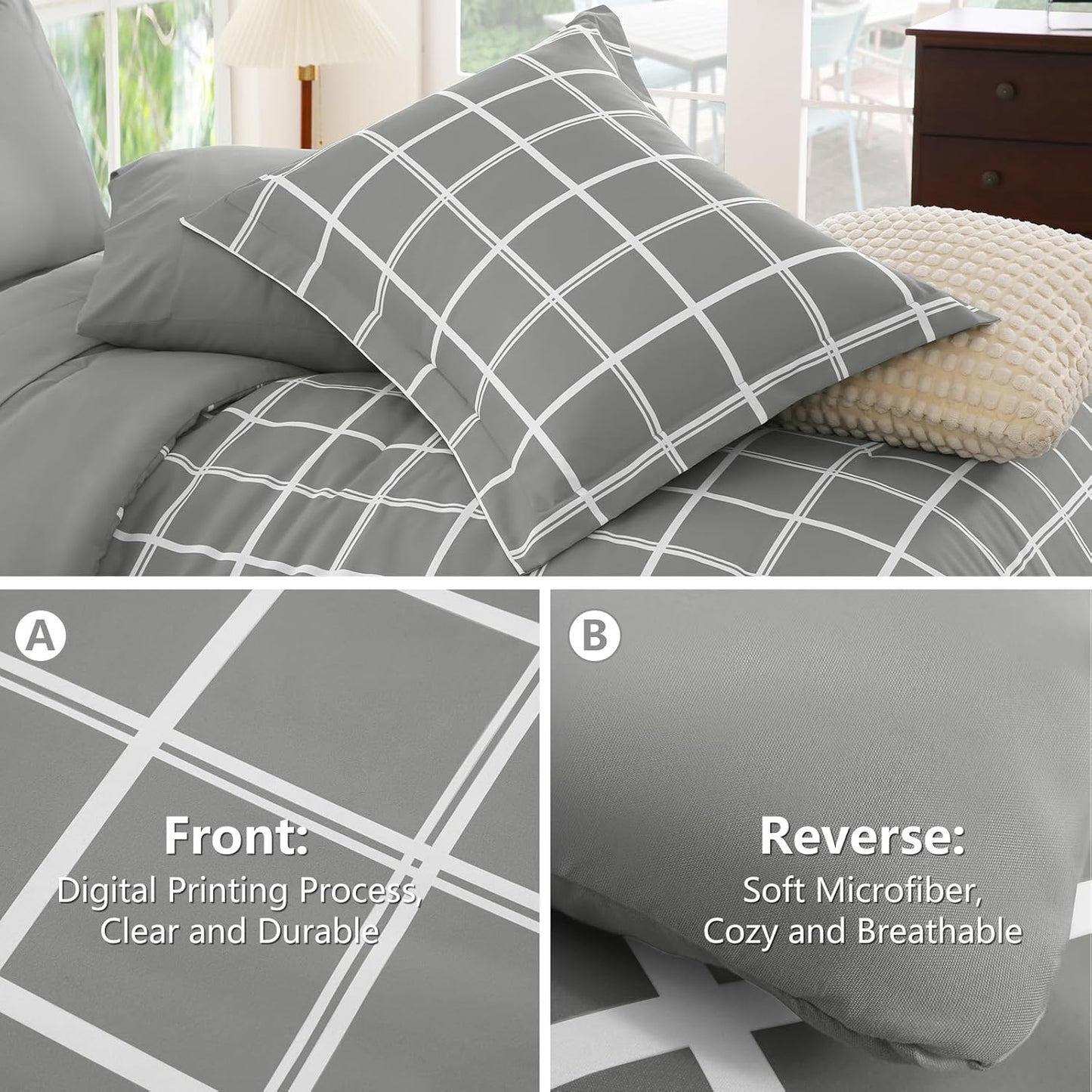 Queen Comforter Set with Sheets - 7 Pieces Plaid Bed in a Bag Set Grey, Soft Queen Bedding Sets Bed Set with All Season Quilted Comforter, Flat Sheet, Fitted Sheet, Pillowcases & Pillow Shams
