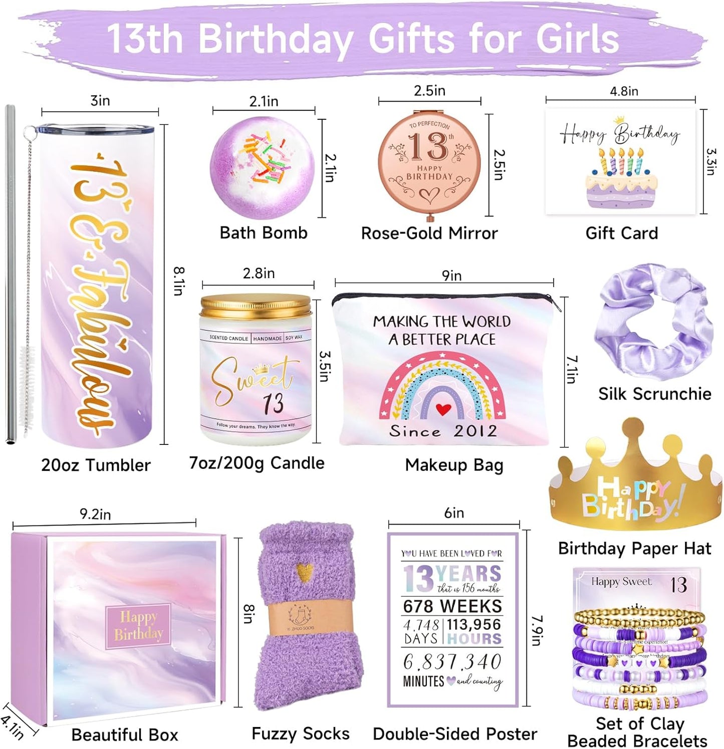 13Th Birthday Gifts for Girls, Gifts for 13 Year Old Birthday Girl, 11PCS Unique 13Th Birthday Gifts Ideas for Her, Daughter, 13 Fabulous Gifts, 13Th Birthday Decorations for Girls, 13Th Purple Gifts