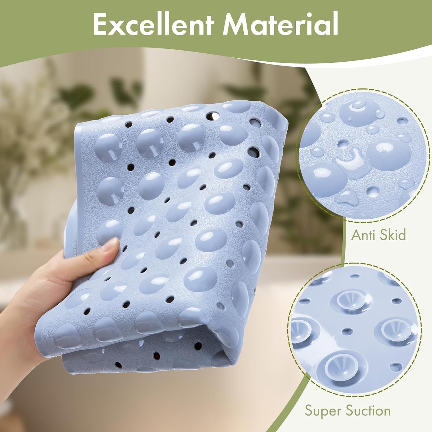 Shower Mat Non Slip 40 X 16 Inches, Shower Stall Mats with Suction Cups and Drain Holes, Non Slip Bath Mat for Tub for Elderly & Kids, Baby Blue