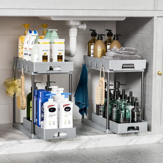 under Sink Organizers and Storage, 2 Pack Pull Out Kitchen Bathroom Cabinet Organizer, 2 Tier Grey under Sink Storage for Bathroom Kitchen