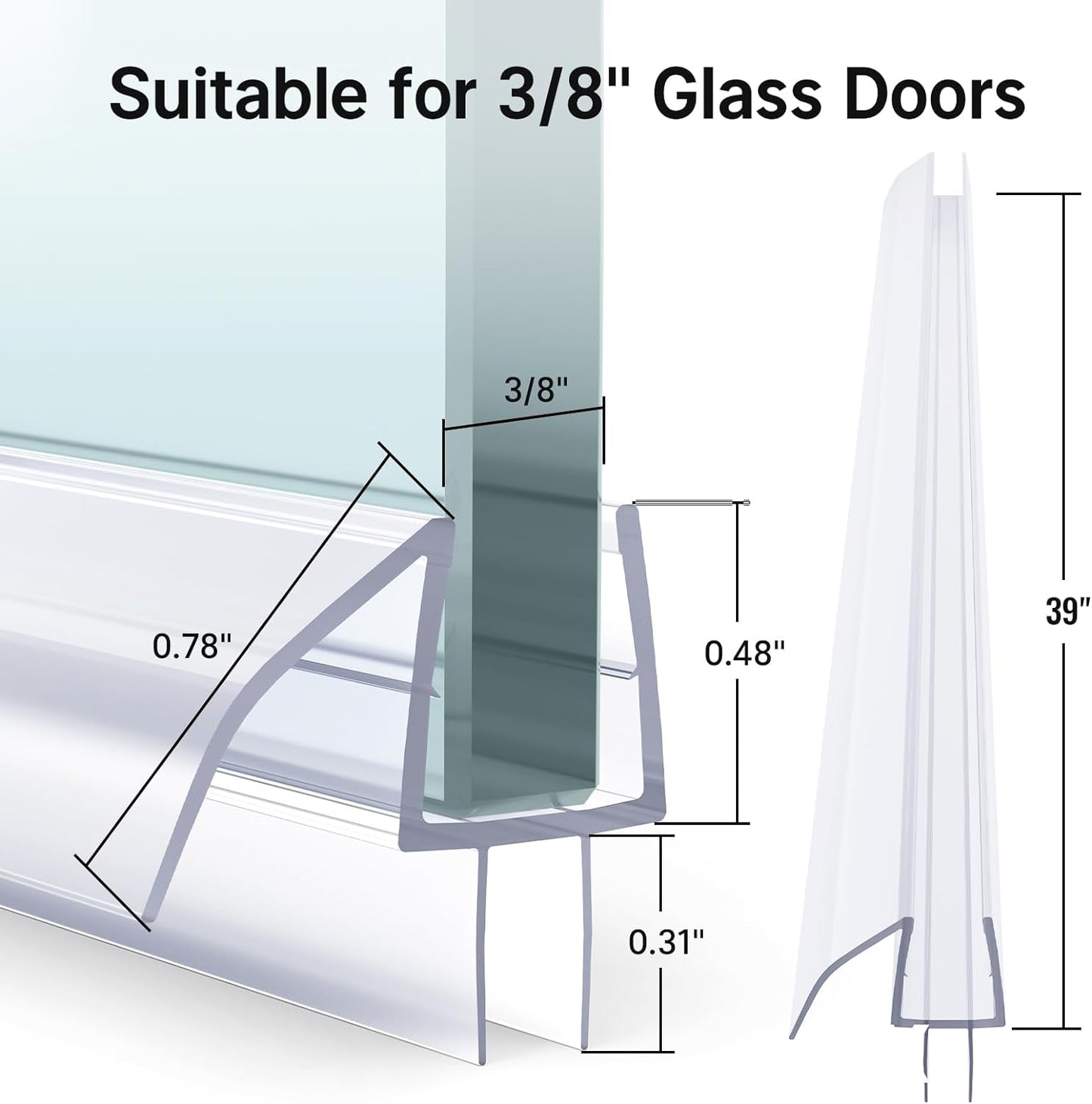 Shower Door Bottom Seal 39 Inch (Set of 2) - Suitable for 3/8 Inch Glass, Frameless Glass Shower Door Seal Strip, Shower Door Sweep