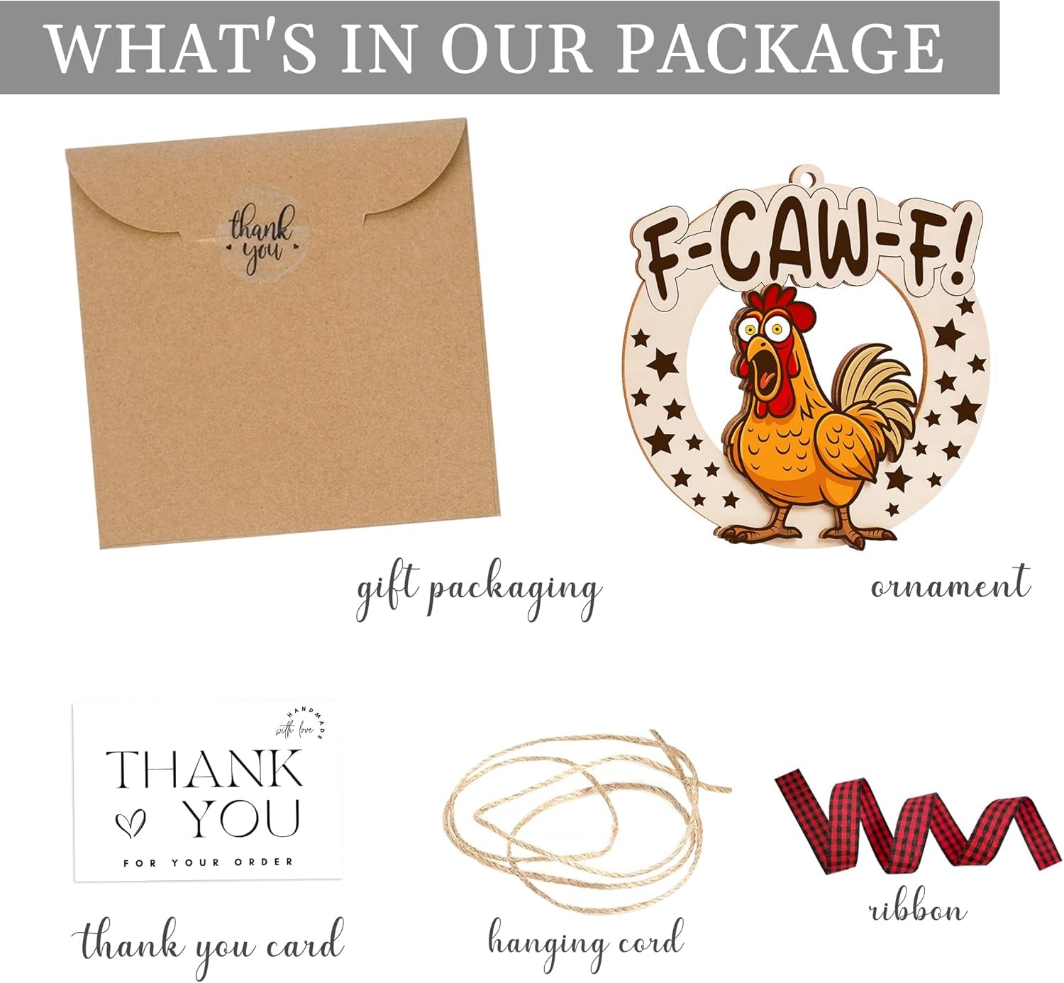 Funny F-Caw-F Chicken Christmas Ornaments, Wooden Fcawf 2-Layer Chicken Ornaments, Unique Gifts for Chickens Lovers, Adults, Women, Christmas Chicken Decor, Farmhouse Xmas Hanging Decorations