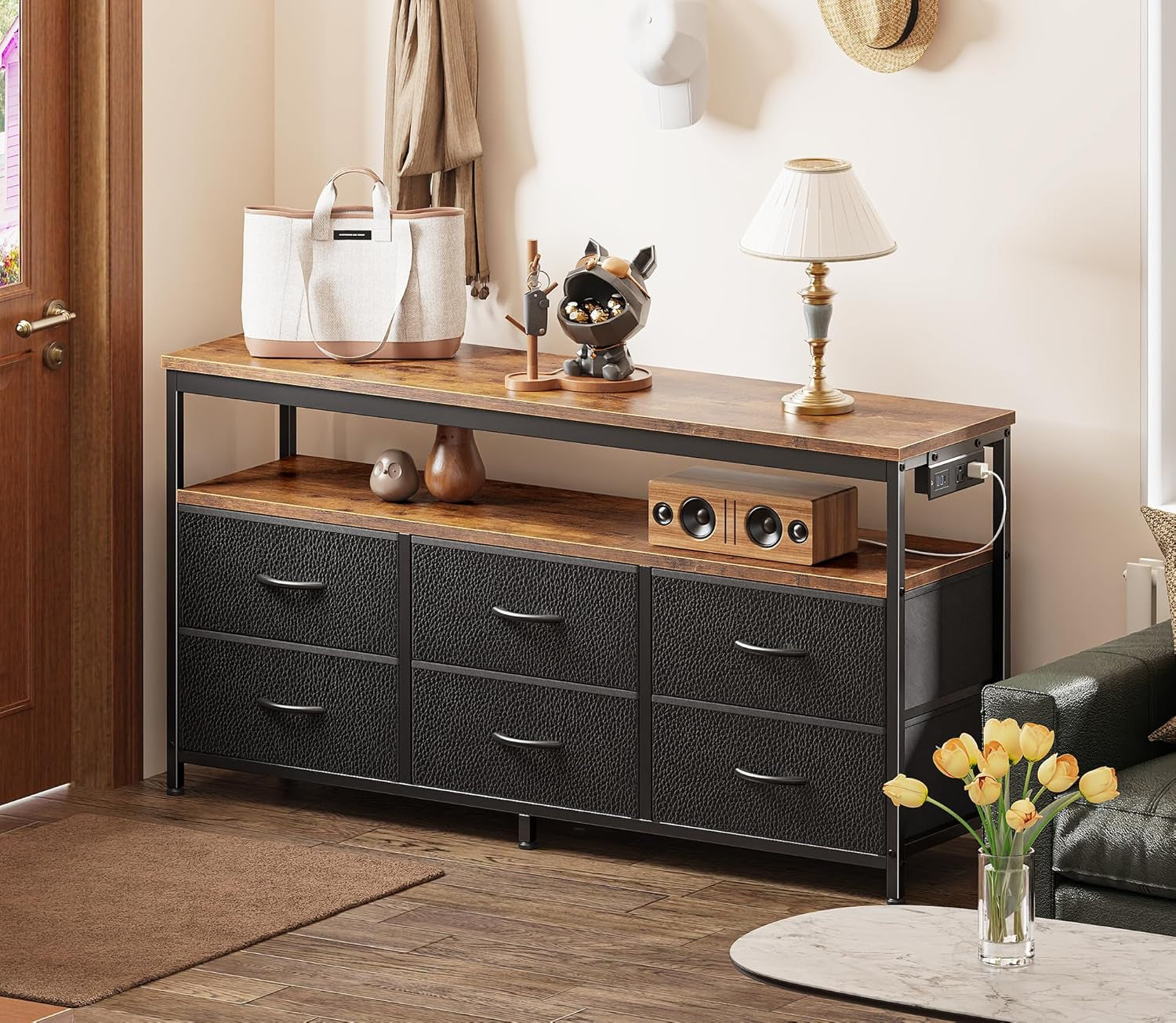 Rustic Black LED TV Stand with Storage for 43 to 55 Inch TVs, 47 Inch Dresser Entertainment Center Featuring Power Outlets and 6 Drawer Fabric Dresser for Living Room