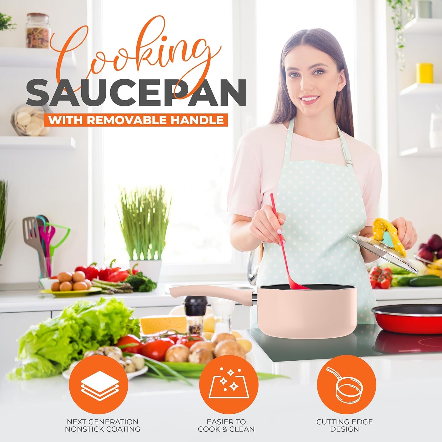 Detachable Handle Nonstick Saucepan with Glass Lid, Multipurpose Use for Home, Kitchen or Restaurant (Pink)