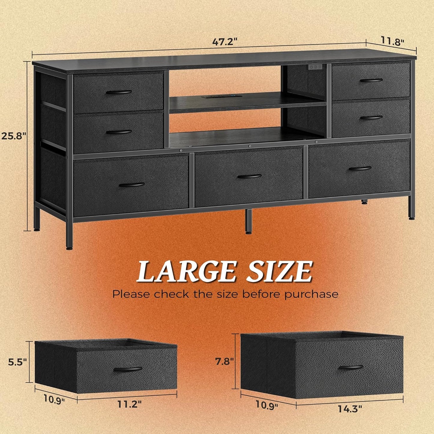 Elegant TV Stand and Dresser with Power Outlets and LED Lighting, 7-Drawer Console for 55-Inch TVs, Black PU Leather Finish