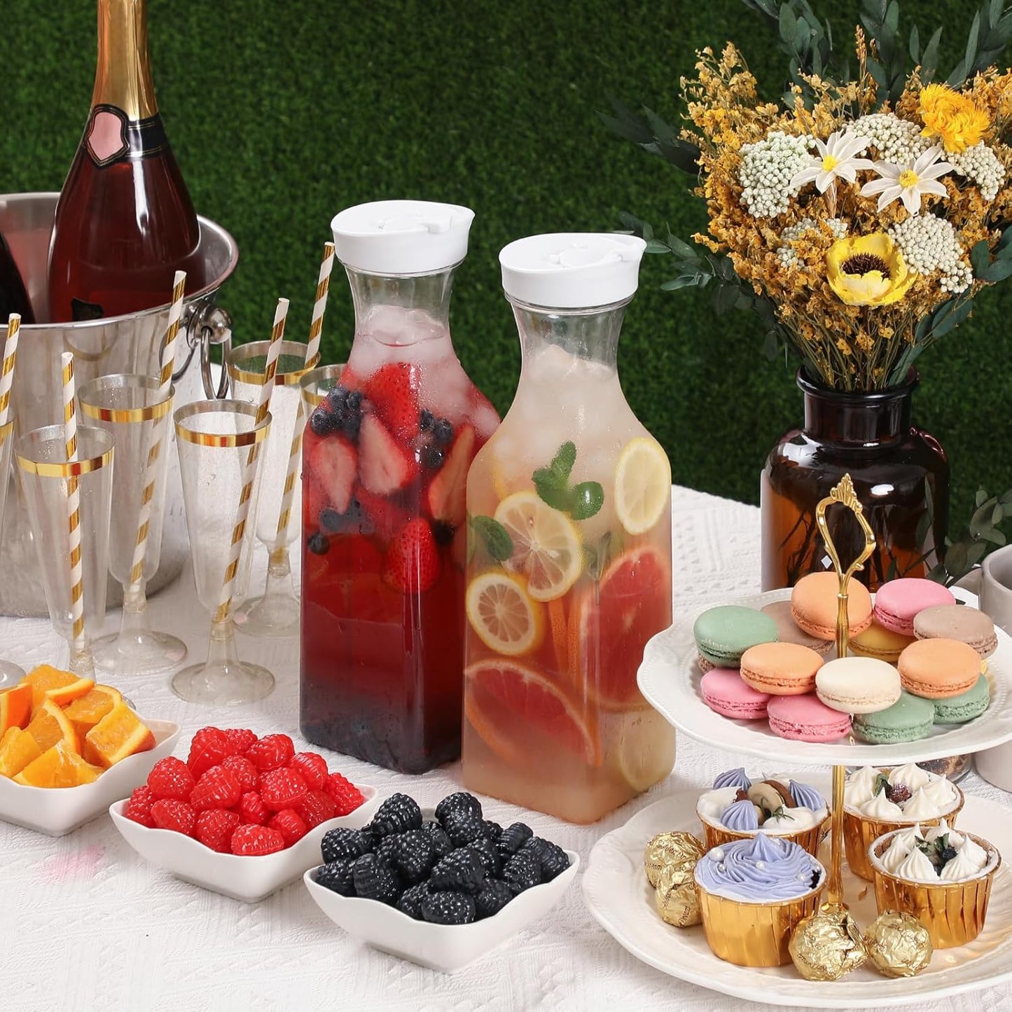 Plastic 50 Oz Water Carafe with Flip Top Lid, Set of 2 Square Base Juice Containers, Clear Plastic Pitcher - for Water, Iced Tea, Juice, Beverage, Cold Brew and Mimosa Bar - HAND WASH ONLY