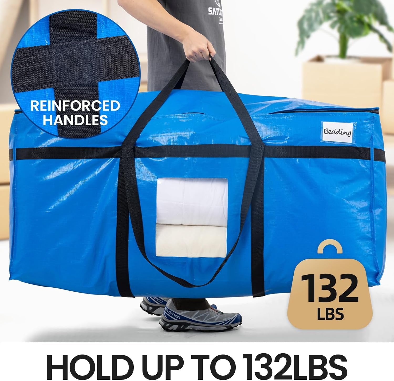 69 Gallon Extra Large Storage Bags, XXL Blue Heavy Duty Moving Bags for Storage with Visible Window, Wrap around Handles, Totes for Space Saving, Alternative to Moving Boxes (2 Pack)