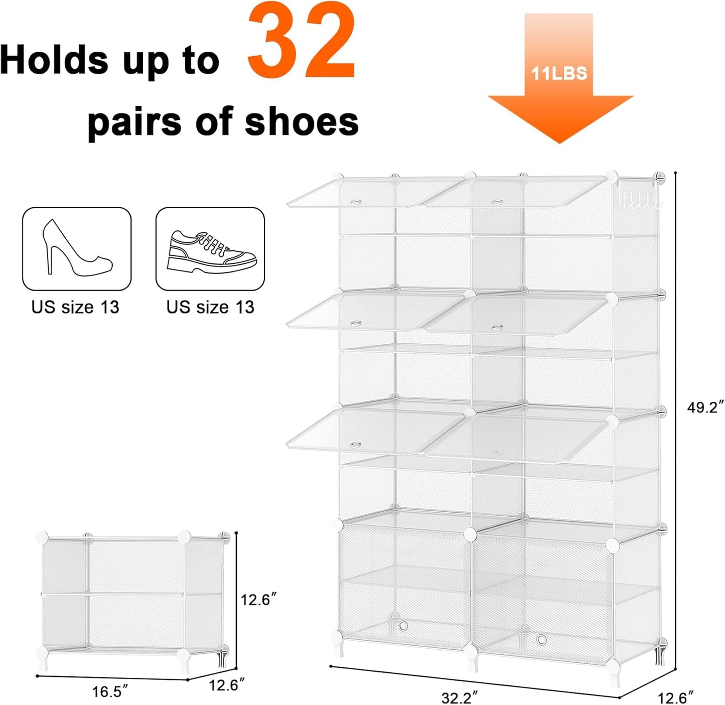 Shoe Rack, 8 Tier Shoe Storage Cabinet with Door, 32 Pair Shoe Organizer Shelves for Closet Hallway Bedroom Entryway, Transparent Twill