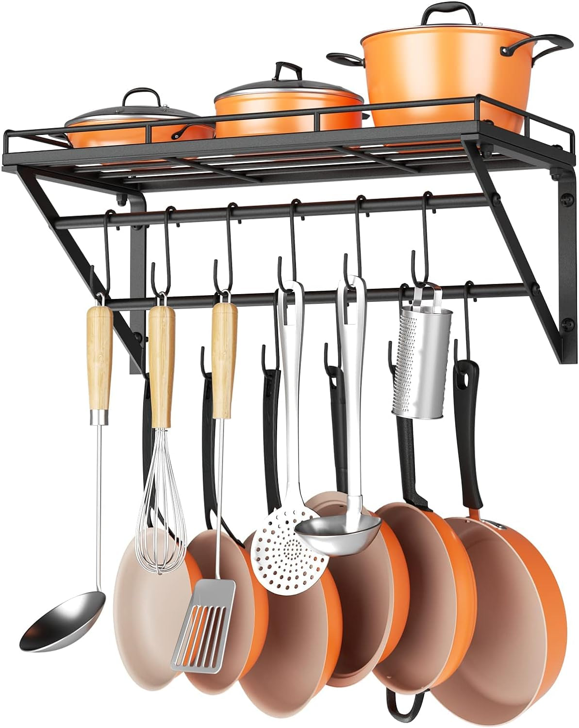 23 Inch Wall Mounted Pot Rack Storage Shelf with 2 Tier Hanging Rails 12 S Hooks Included, Ideal for Pans, Utensils, Cookware, Plant Black