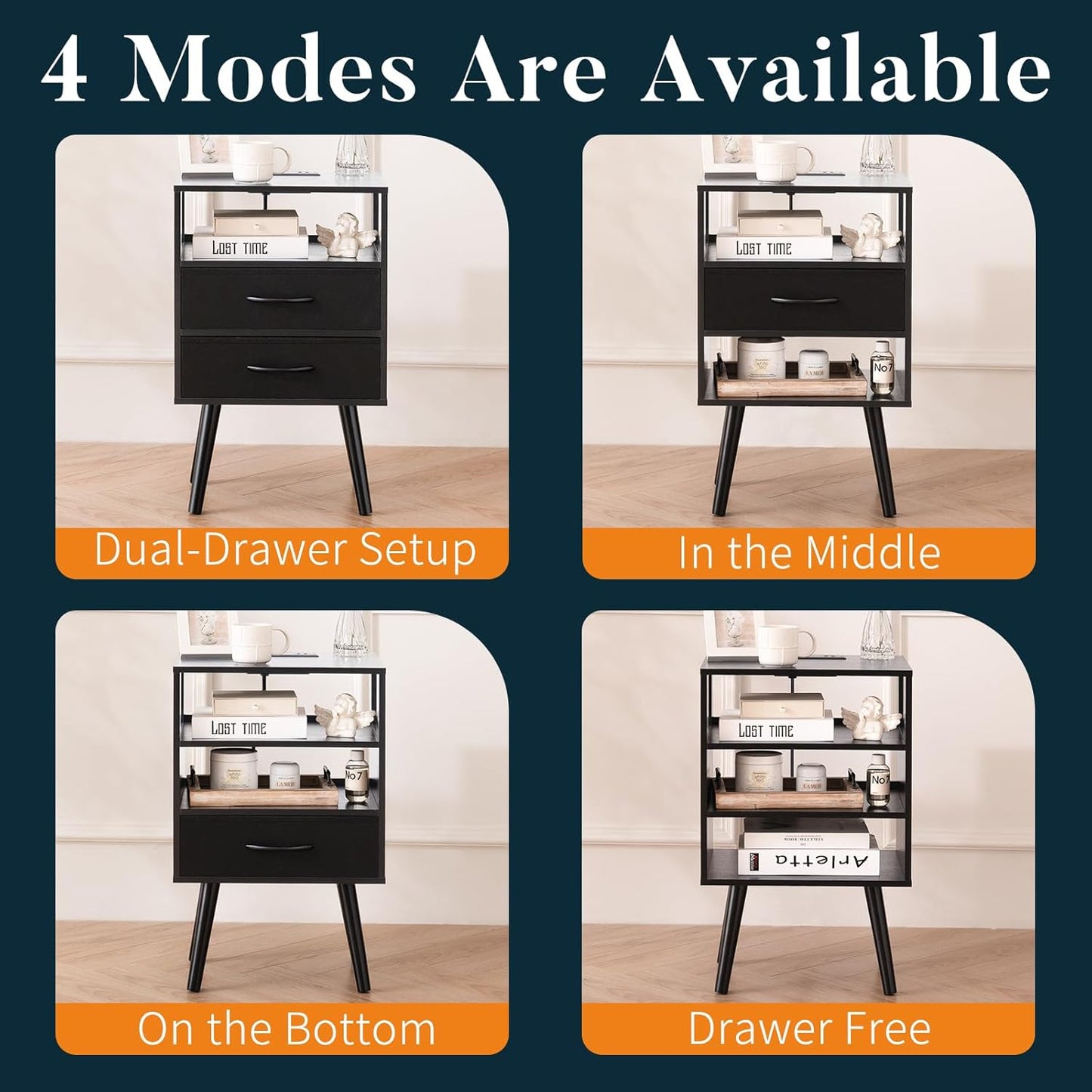 LED Night Stand with Charger Station, Mid Century Modern Nightstand with Fabric Drawers, Bedside Table Nightstands with Storage Shelf, Bed Side Table Small Night Stands for Bedroom Living Room