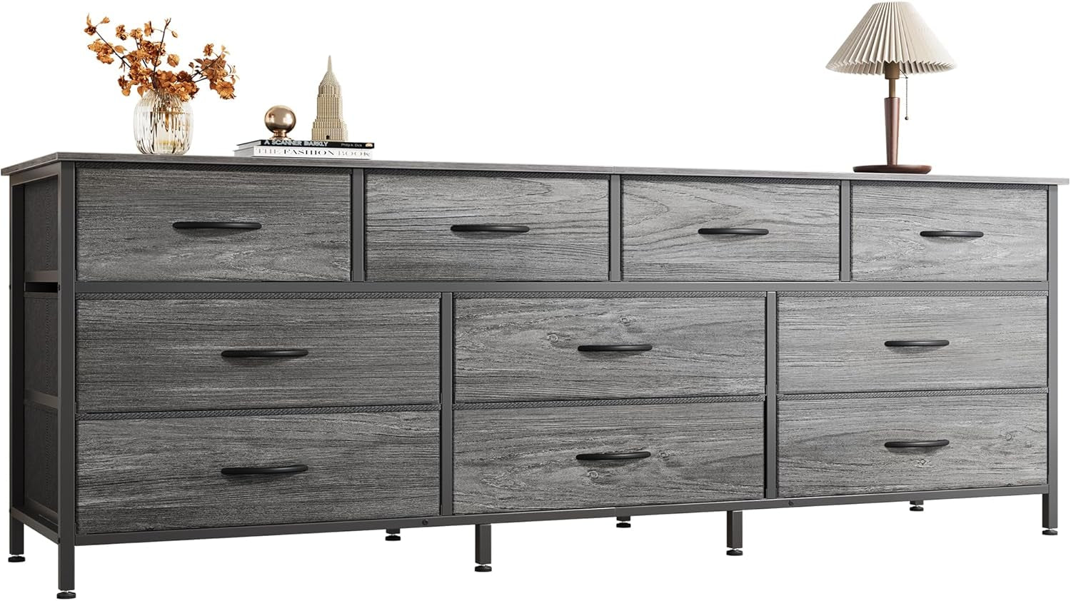 63-Inch Bedroom Dresser with 10 Fabric Drawers, Versatile TV Stand for 55 to 70 Inch TVs, Grey Toy Storage Organizer for Closets