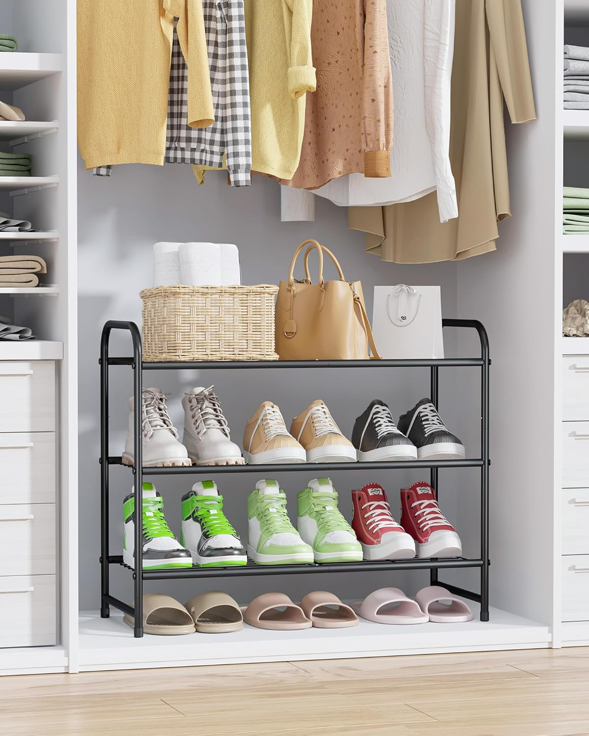 Shoe Rack - Stainless Steel Shoe Organizer, Sturdy Shoe Rack for Closet and Front Door Entrance, Free Standing Shoe Shelf, Closet Organizers and Storage, 25.6" Wide - 3 Tier, Black
