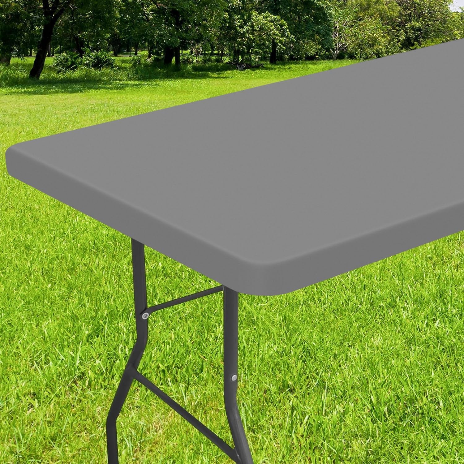 Elastic Fitted Vinyl Tablecloth with Flannel Backing for 6ft Folding Tables, Waterproof and Wipeable, Ideal for Indoor and Outdoor Use (Grey, 30" x 72")