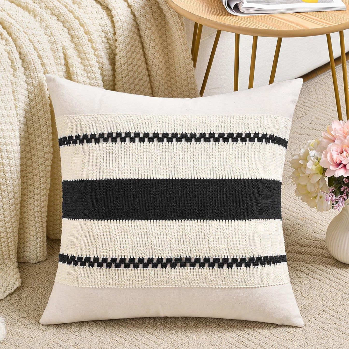 Set of 2 Boho Black Decorative Throw Pillow Cover 18X18 Inch for Couch Bed Sofa, Aesthetic Modern Organic Farmhouse Home Decor, Soft Cotton Cute Accent Macrame Woven Cushion Case