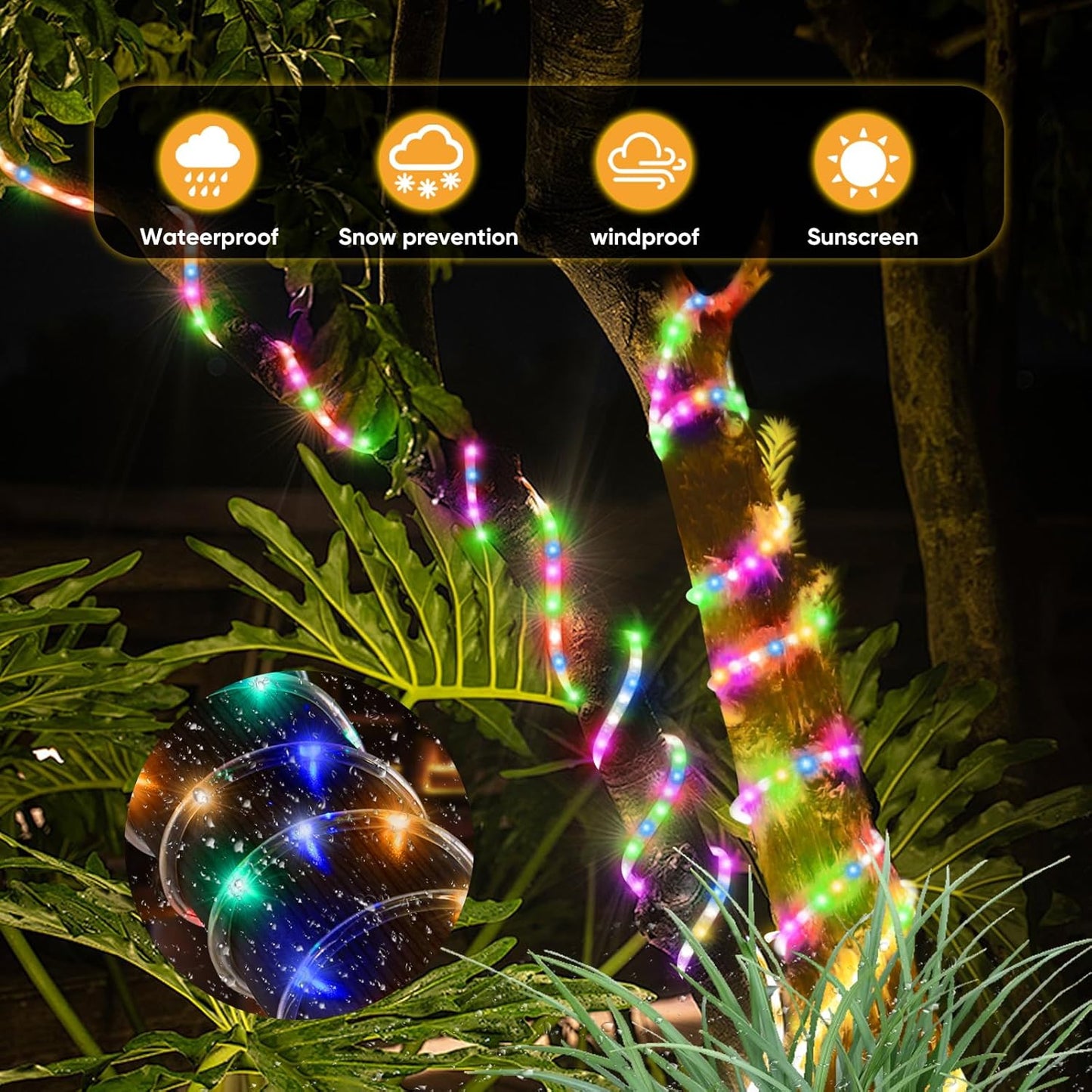 Solar String Lights with PVC Tube, 1 Pack, 33 Ft, 100 LED, Multi Color, 8 Modes, Durability, Waterproof, for Outdoor Use, Ideal for Garden, Patio, Yard, Wedding