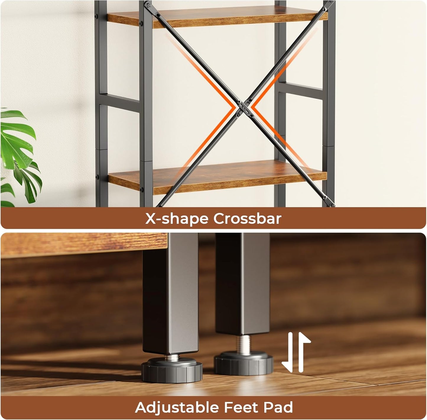 Triple 4-Tier Bookshelf with 11 Open Display Shelves - Wide Bookcase for Home and Office in Rustic Brown Finish