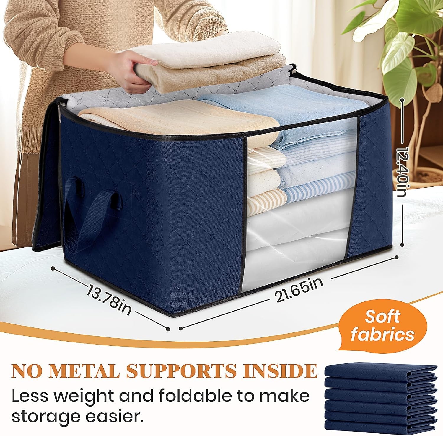 2 Pack Clothes Storage, Foldable Thick Fabric Blanket Storage Bags, Containers for Organizing Bedroom, Closet, Clothing, Comforter,Closet Organization with Handle,Blue