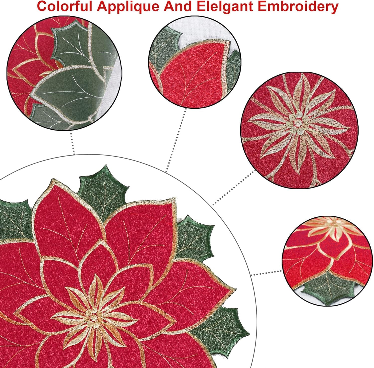 Christmas Placemats Set of 4, Red Embroidered Applique Poinsettia Table Mats,4 Pieces 15 Inch round Placemat for Xmas Holiday Home Decorations (Textured, 15 Inches)’