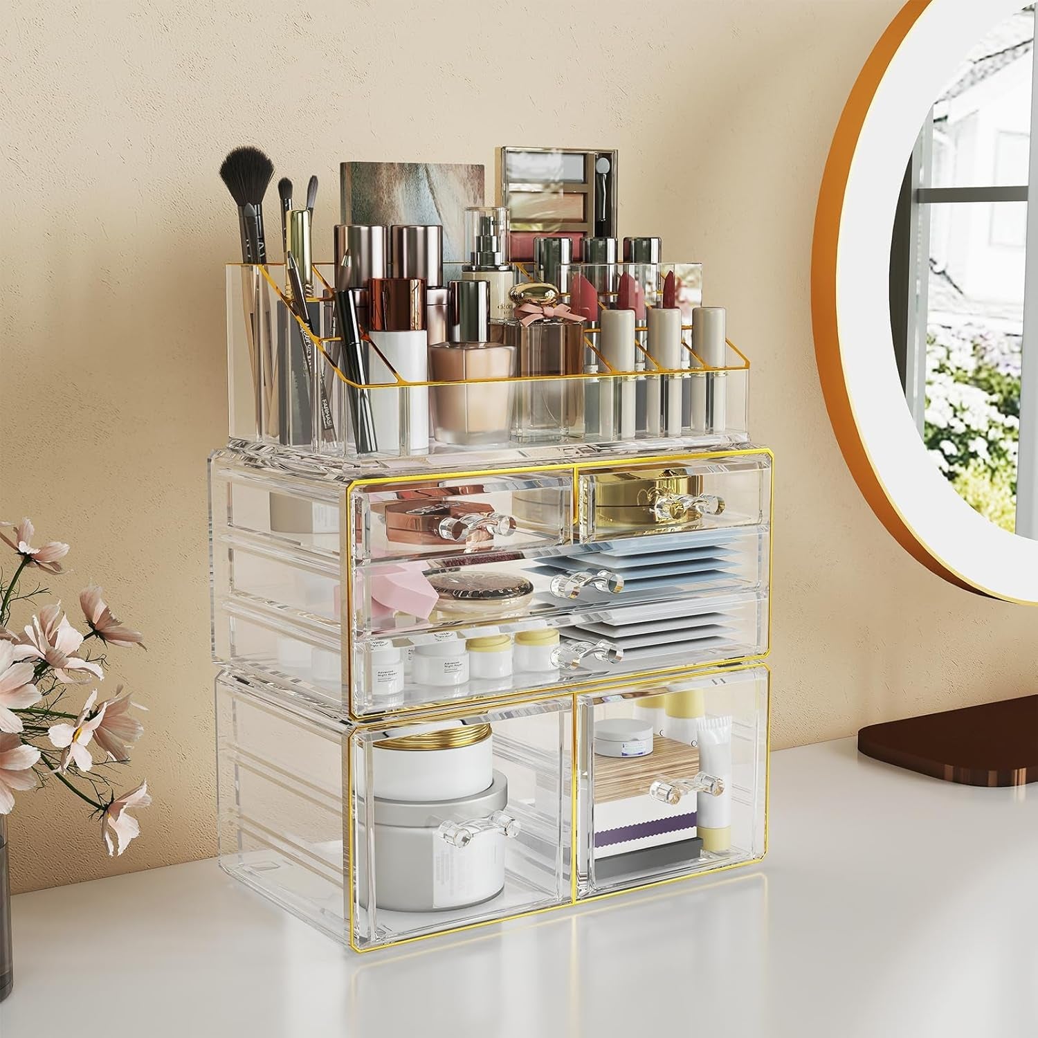 3-Tier Acrylic Makeup Organizer Countertop - Cosmetic Organizer with 6 Drawers, Vanity Organizer for Bathroom/Bedroom, Stackable Makeup Organizers for Lipstick Brush, Skincare, Perfume, Clear