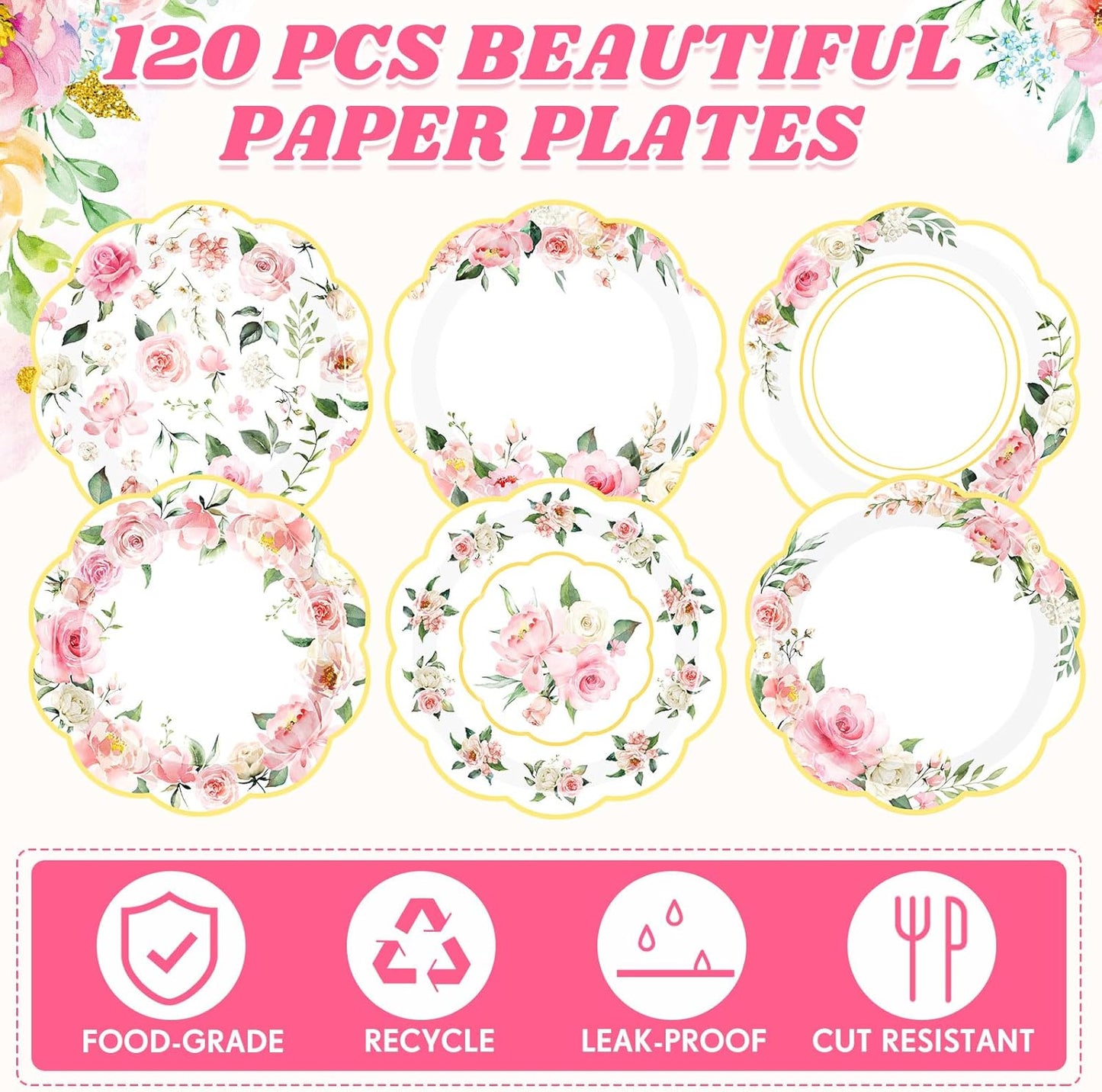120-Piece Summer Pink Floral Paper Plates, 7-Inch Disposable Tableware for Birthday, Wedding, Baby Shower, Tea Party, and Bridal Shower Decorations