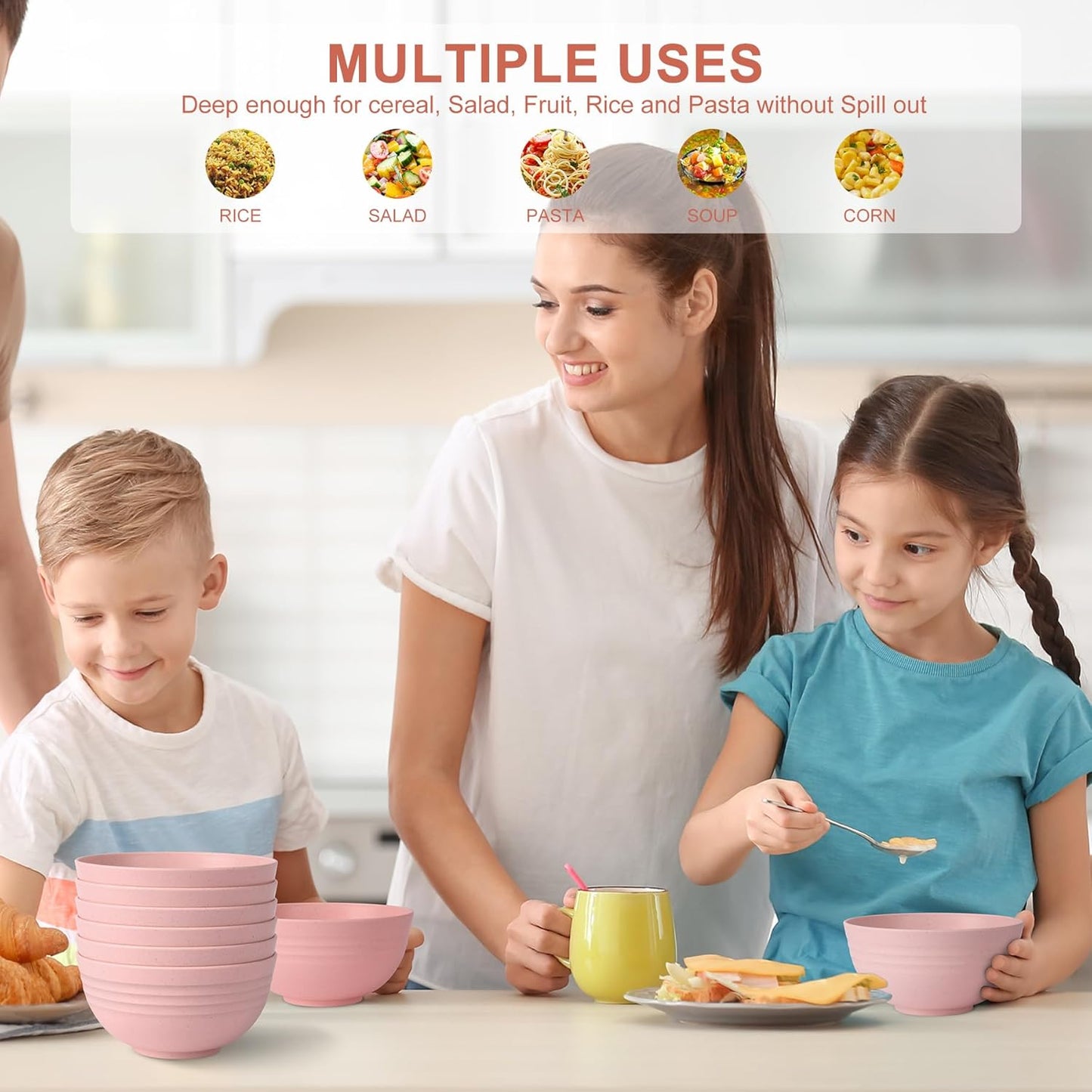 Unbreakable Wheat Straw Cereal Bowls - Microwave & Dishwasher Safe Soup and Salad Bowls, Set of 8, 26Oz, BPA Free,Pink
