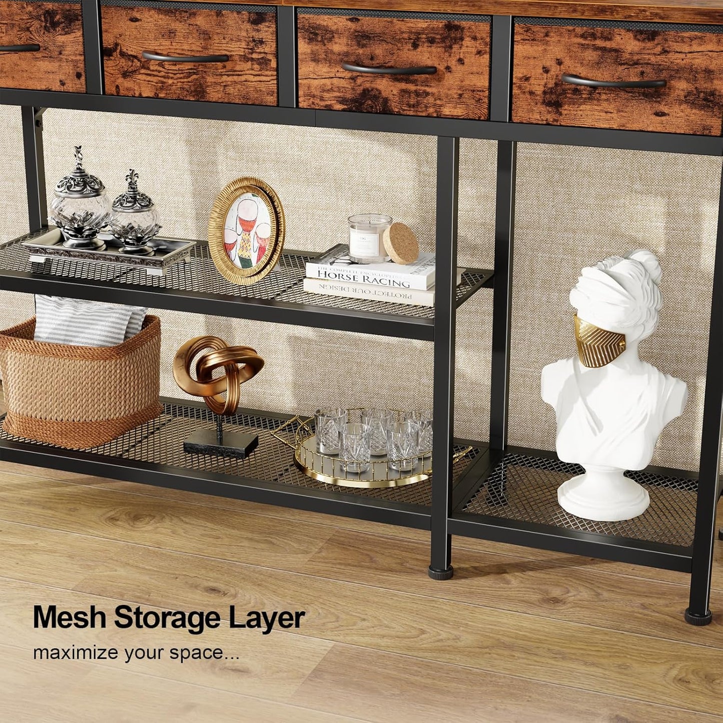 47-Inch Industrial Entryway Console Table with Four Fabric Drawers and Metal Mesh Shelf, Rustic Brown Wooden Top and Sturdy Metal Frame