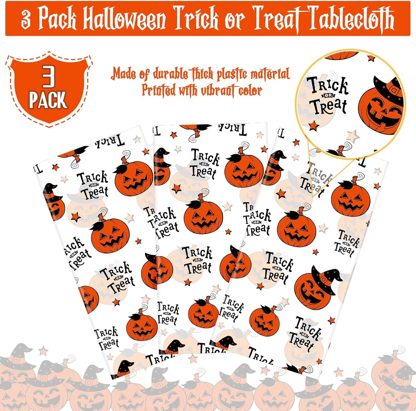 3 Pack Halloween Plastic Tablecloth Decorations, Trick or Treat Halloween Disposable Table Cloth, Hallo Ween Pumpkin Rectangle Table Cover for Kids Indoor Party Decorations, 54 X 108 Inch
