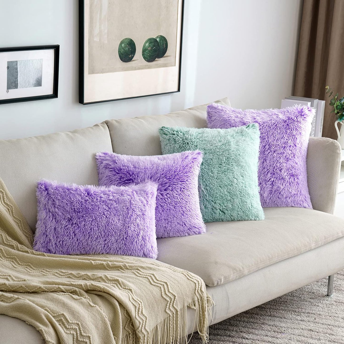 Pack of 2 Ultra Soft Fluffy Throw Pillow Covers Decorative Plush Shaggy Double-Sided Faux Fur Winter Pillow Cases Cushions Covers for Cute Sofa Bedroom Ca 18X18 Inch Purple Ombre