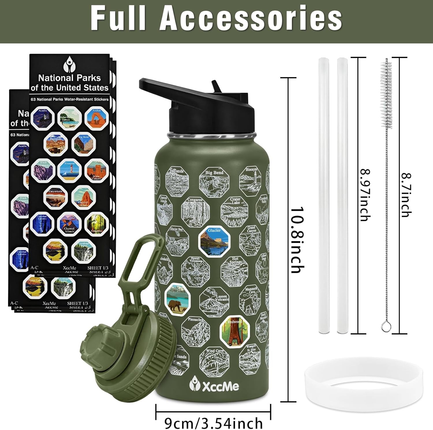63 National Parks Water Bottle with Stickers,32 Oz Stainless Steel Insulated Water Bottle with Straw,2 Lids,Leak Proof Metal Water Cup for Hiking,Travel,Sports,Camping,Wide Mouth Bottle