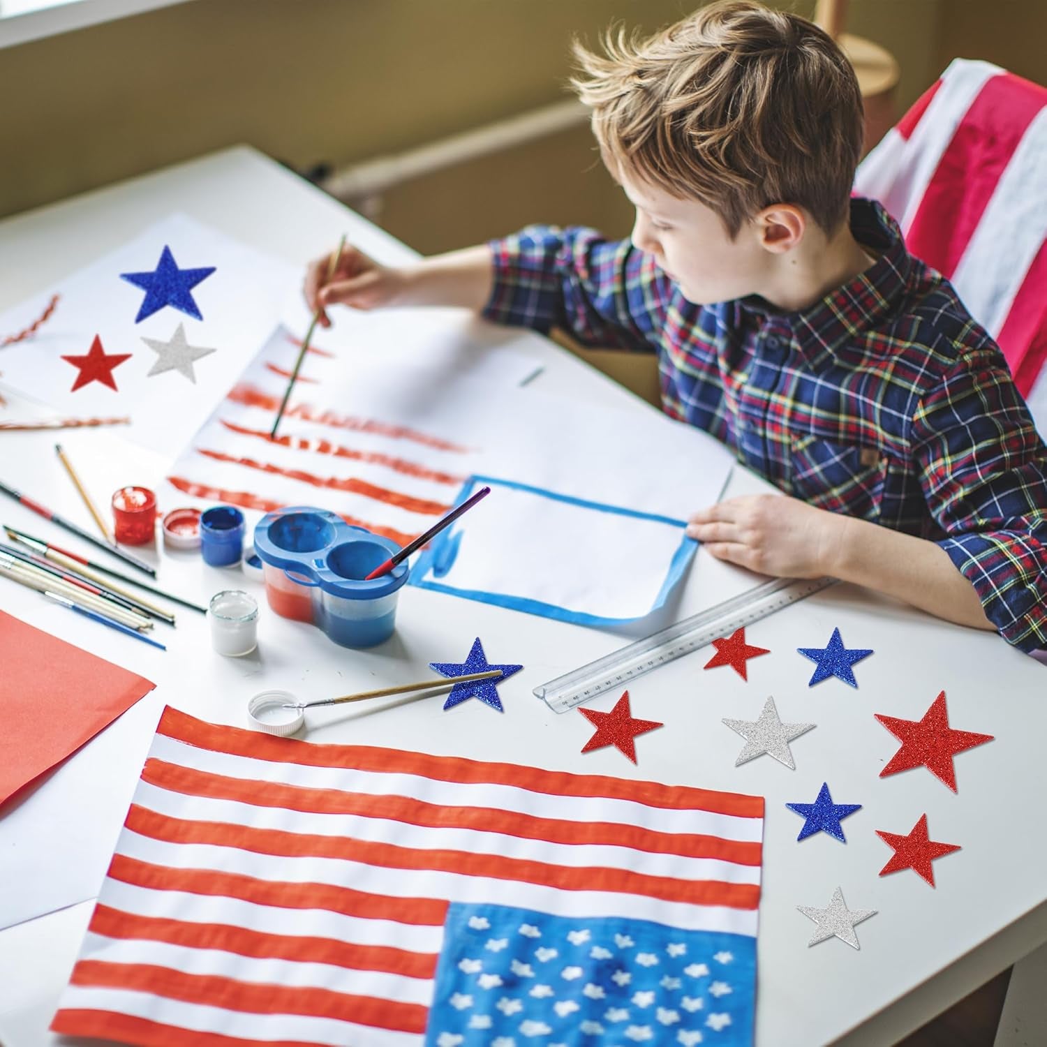 300 PCS 4Th of July Star Stickers, Red Silver and Blue Glitter Stickers, Patriotic Self Adhesive Foam Stickers for Fourth of July Parade Party Accessories Decor Memorial Day Arts Craft Supplies