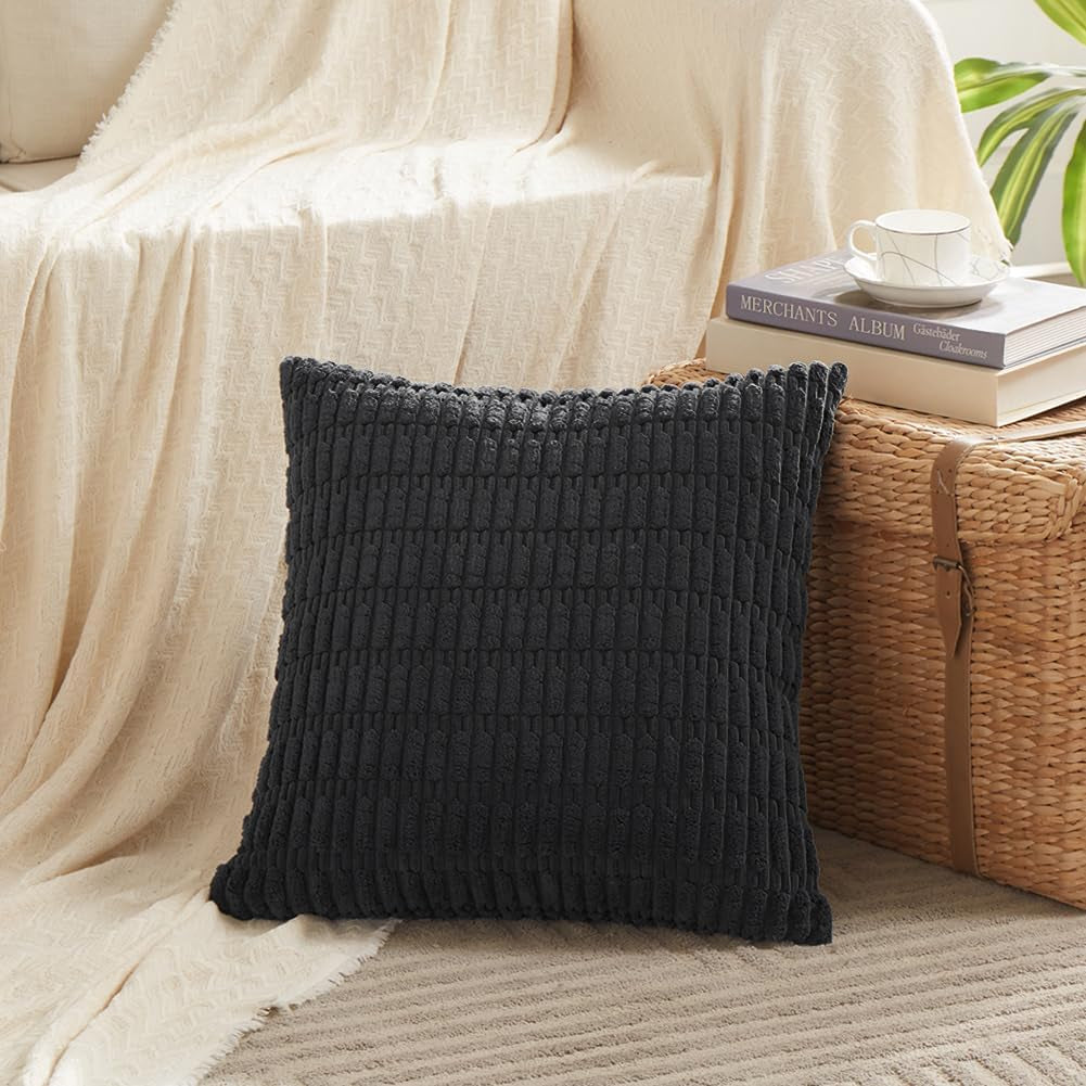 2 Packs Black Decorative Throw Pillow Covers 18X18 Inch for Living Room Couch Bed Sofa, Rustic Farmhouse Boho Home Decor, Soft Striped Corduroy Square Cushion Case 45X45 Cm
