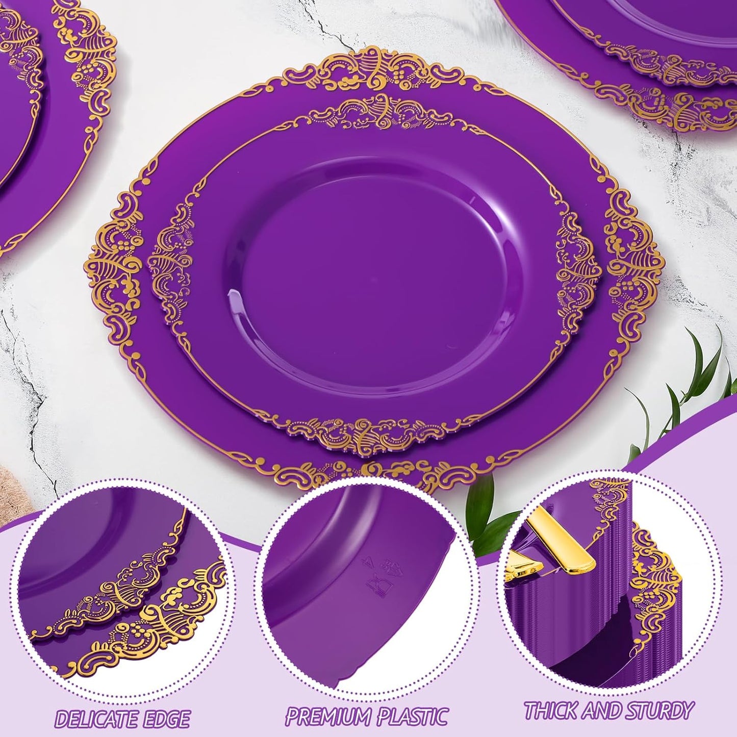 300-Piece Purple and Gold Plastic Dinnerware Set for 50 Guests - Includes Dinner Plates, Dessert Plates, Cutlery, and Cups for Weddings and Birthday Celebrations