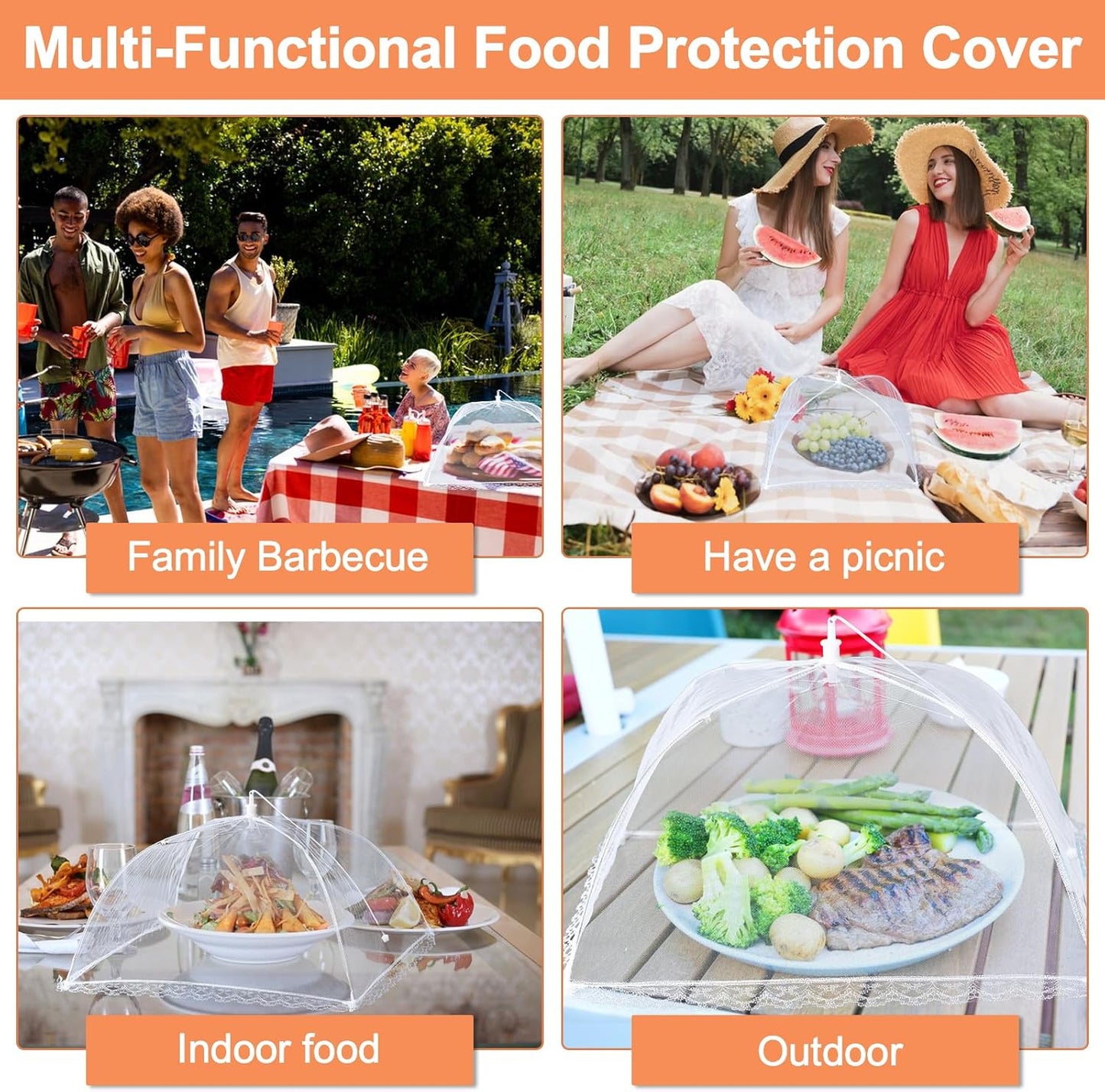 6 Pack Mesh Food Covers,17"Lx17"W Large Food Cover,White Nylon Covers,Pop-Up Serving Dish Covers Tent Umbrella,For Patio Net for Outdoor Camping, Picnics, Parties,Bbq,Collapsible and Reusable