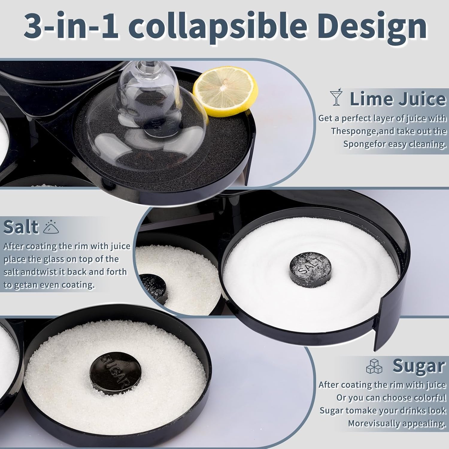 Margarita Salt Rimmer Set, New Upgraded 1 Pack 3 Tier Bar Glass Rimmer Black Plastic Sugar and Salt Rimmer Box with Sponge for Cocktail Bartender Tool