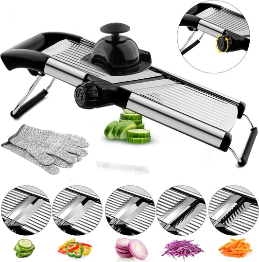 Mandoline Slicer, Mandoline Slicer for Kitchen, Adjustable Mandolin, Stainless Steel Mandoline, Vegetable Slicer, Potato, Onion, Cucumber, Tomato, Veggie Slicer with Cut-Resistant Gloves