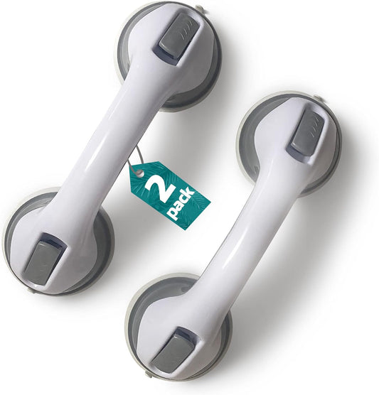 2 Pack Heavy-Duty Shower Grab Bars -  12 Inch Grey Suction Bar Handles for Elderly, Seniors, Handicap, Safety Balance Assist Grip for Bathroom, Toilet - Anti-Slip, Shower Handles Hand Rai