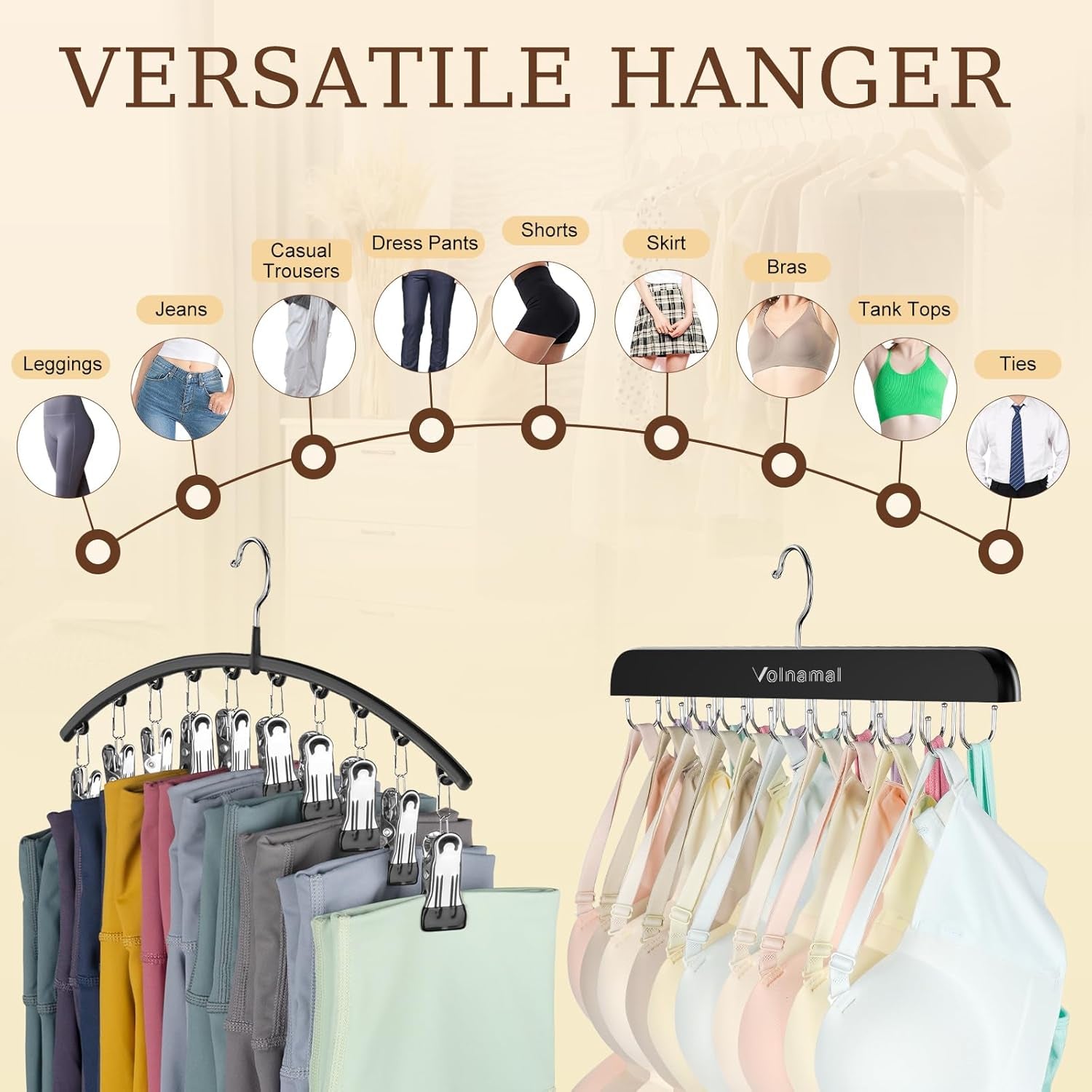 2 Pack Legging Organizer& Bra Hanger, 2 in 1 Space Saving Hanger Max 30 Leggings & Bras Capacity for Closet Organizers and Storage, Metal Yoga Pant Hangers& Foldable Wood Tank Top Organizer