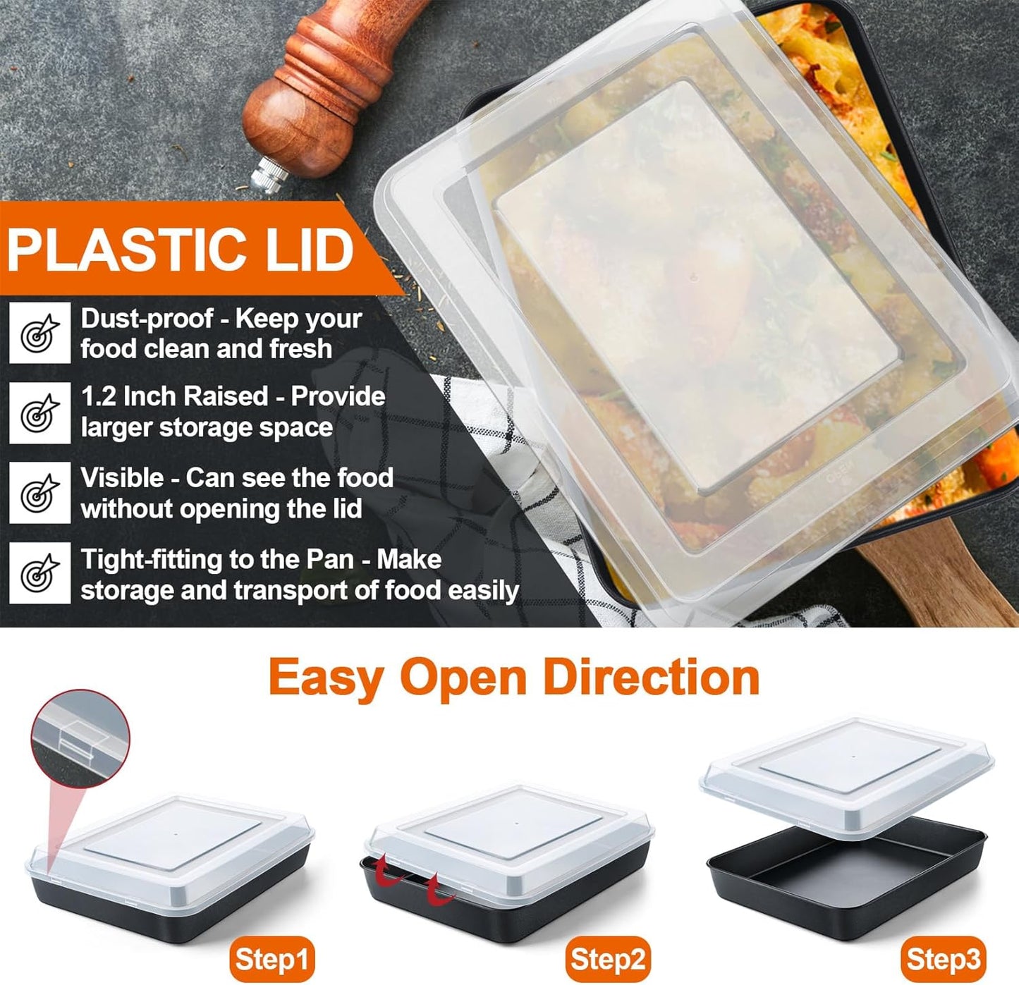 Toaster Oven Pan with Lid, Nonstick Cake Lasagna Pan Rectangular Tray for Baking Roasting Storing, Stainless Steel Core & Plastic Cover, Oven & Freezer Safe, (10.5 Inch, 2Pcs)