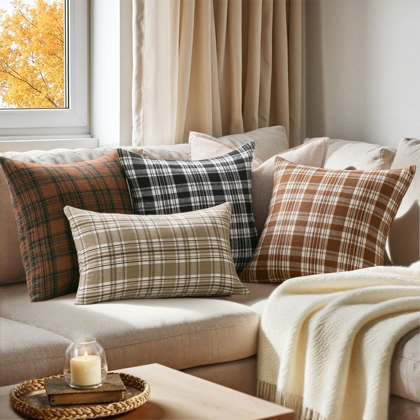Scottish Tartan Plaid Throw Pillow Covers - Set of 2, 18x18 Inch Black and White Decorative Cushions for Farmhouse Style Outdoor Halloween and Thanksgiving Decor
